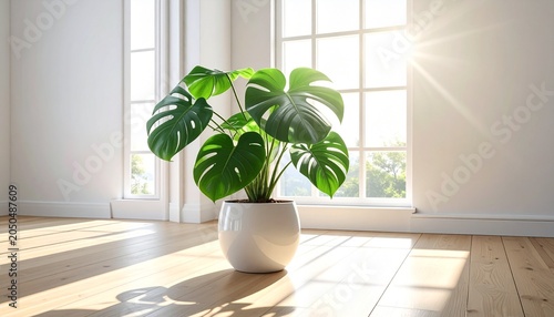 陽光が差し込む白い部屋の窓辺に置かれた大きなモンステラの観葉植物