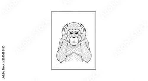 Chimpanzee Covering Ears, Illustration, Concept of Not Hearing, Silence, or Ignorance