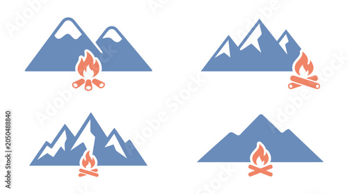 Vector icons of blue mountains and orange campfires
