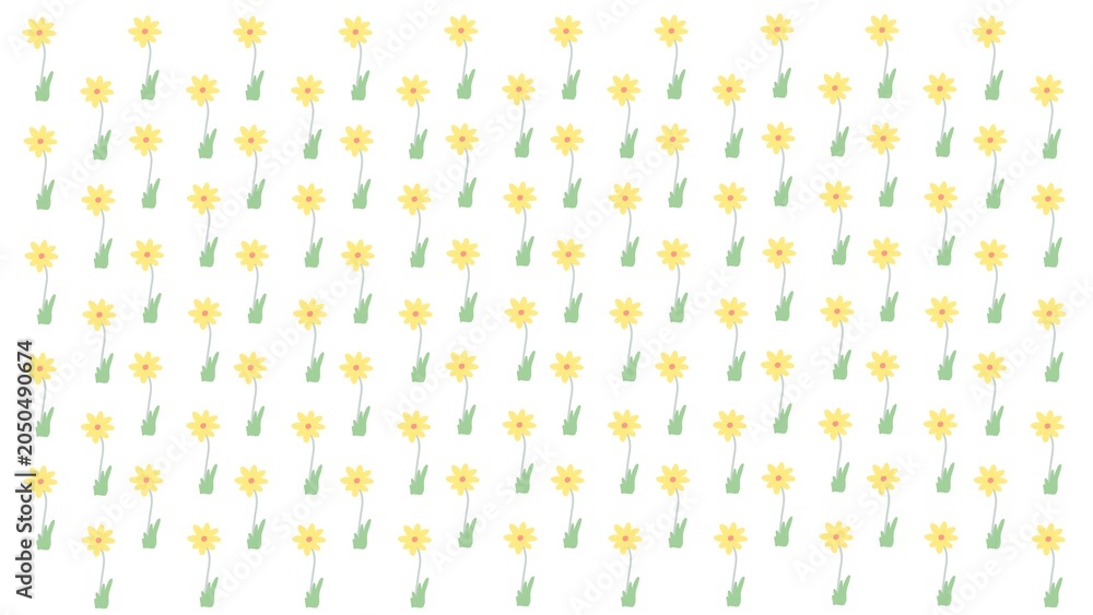 Fototapeta premium Minimalist floral pattern vector featuring dainty hand-drawn yellow blossoms with green stems. A cheerful, simple repeating background ideal for wrapping paper, scrapbooking, and web design.