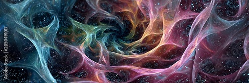 Abstract Colorful Fractal Background with Flowing Light Waves and Energy Lines on Dark Black Backdrop