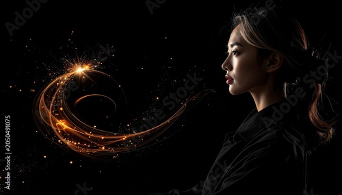 Woman in profile, ethereal light trail on black