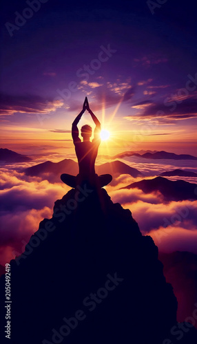 Silhouette of person in lotus pose on mountain top at sunrise, Ai generated image