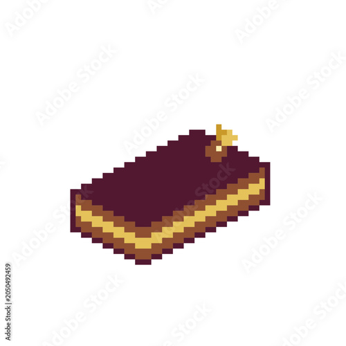 Premium Chocolate Cake with Golden Cherry, Pixel Art Icon, Isolated