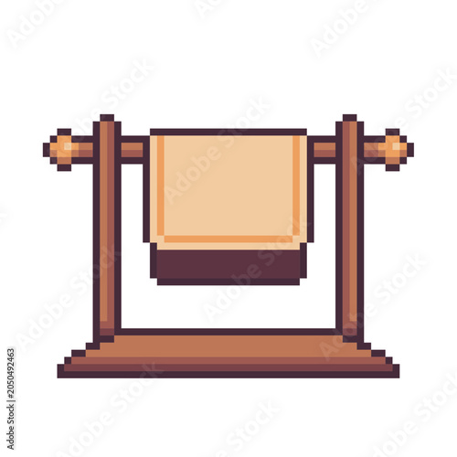 Wooden Drying Rack with Blanket, Pixel Art Icon, Isolated