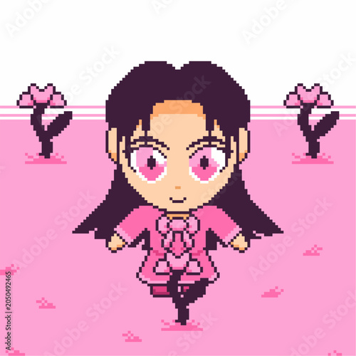 Long Hair Woman with Pink Dress looking at Blooming Flower in Spring Season, Pink Toned Pixel Art Artwork