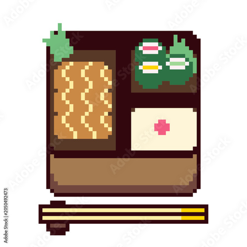 Set of Bento Box with a Rice, Salmon Makizushi, Pixel Art Icon, Isolated