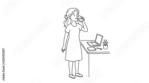 Young girl drinking water at desk with laptop and notebook, simple line art