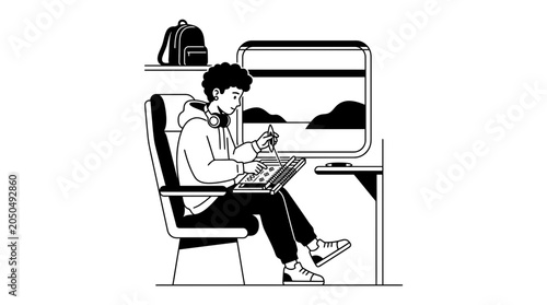 Young person with headphones drawing on tablet while traveling by train
