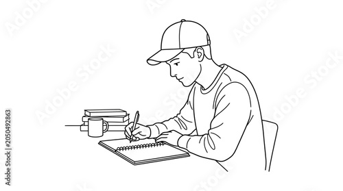 Young student in cap writing notes in notebook, studying at desk with books and mug