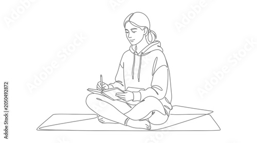 Young Woman Drawing in Sketchbook, Sitting Cross-legged on Yoga Mat