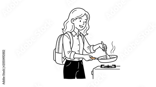 Young Woman Cooking Meal with Backpack, Student Lifestyle, Simple Line Art