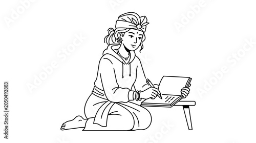Young woman in traditional attire writing in a notebook, line art illustration