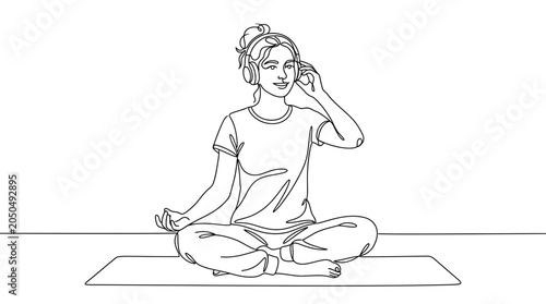 Young Woman Meditating with Headphones, Yoga Session, Relaxing Music, Mindfulness