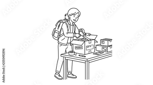 Young Woman Packing Boxes for Shipping, Moving or Online Selling, Line Art