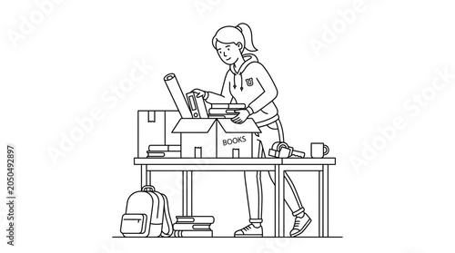 Young Woman Packing Books and Supplies into Cardboard Box for Moving or Study