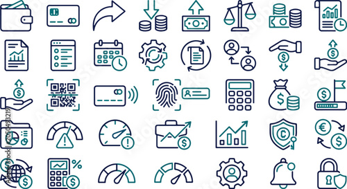 Foto Business management icons represent a sophisticated visual guide for corporate strategy, financial reporting, document tracking, and secure digital identification protocols