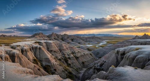 Dramatic Sunset Over Eroded Badlands Landscape.
