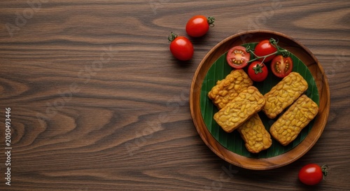 Delicious Fried Tempeh with Cherry Tomatoes on Wooden Table.