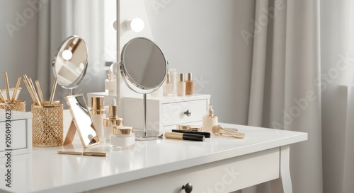 Elegant Vanity Table with Makeup and Accessories.