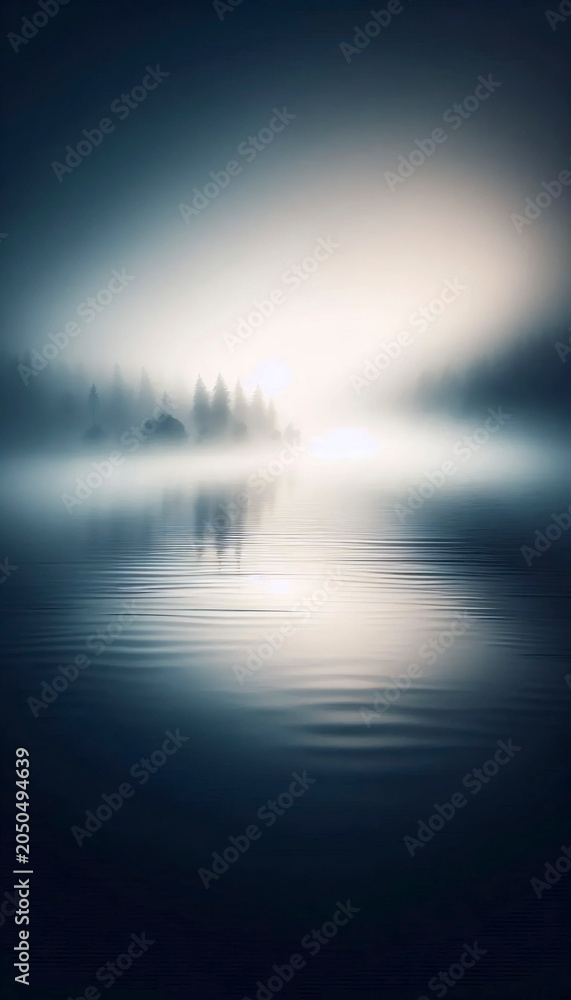 Fototapeta premium An early morning scene with thick mist creeping over the surface of a calm lake, soft diffused light filtering through the silhouettes of trees on the distant shore, Ai generated image