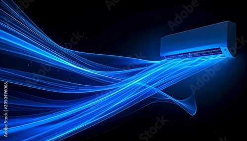 Blue air conditioner with wavy, flowing energy lines