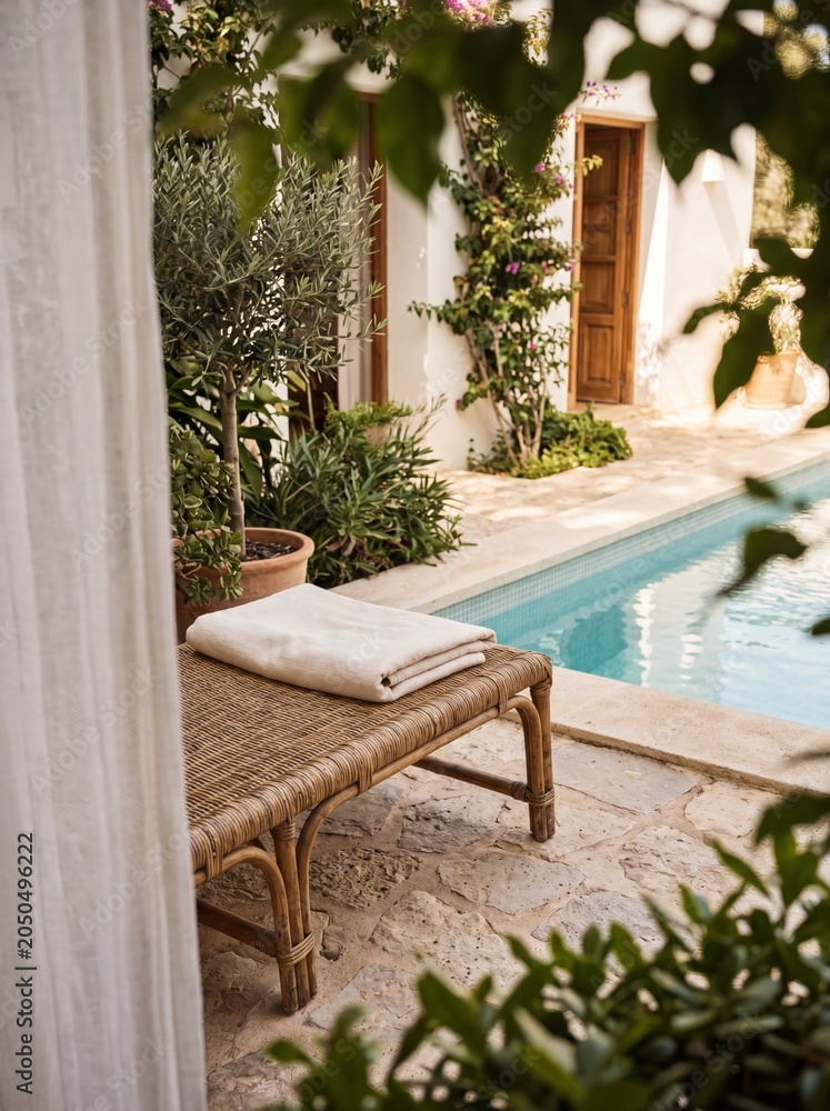 Fototapeta premium Modern Resort Lounge Patio with Shade and Stone Terrace