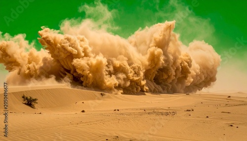 Beige sand erupts in desert, vivid green sky