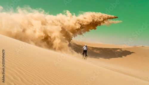 Motorcyclist kicking up sand in desert; bright sky