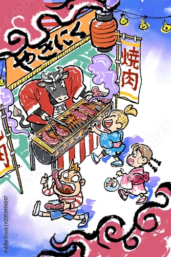 祭り-焼肉の屋台の牛