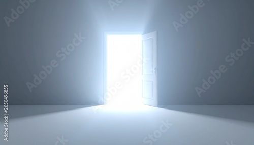 Open door emitting bright light in a grayscale space