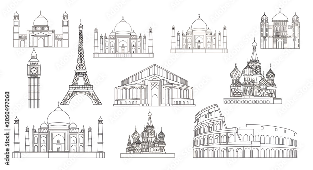 Fototapeta premium A Sketch Collection of Iconic Global Landmarks: Big Ben, Tower Bridge, Eiffel Tower, Taj Mahal, Colosseum and More.