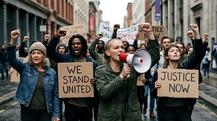 Diverse group of people protesting with signs and megaphones demanding justice and equality