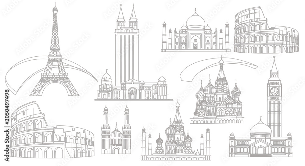 Obraz premium A Captivating Sketch Collage of Iconic World Landmarks and Historic Monuments.