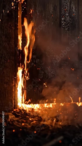 A wall on fire with flames and smoke.