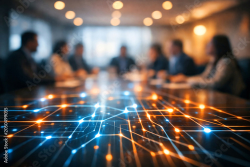 Executive team collaborates in modern conference room around table displaying glowing digital network overlay. technology-driven strategy, data analytics, connectivity and corporate decision-making