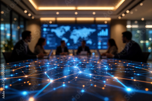 Executive team collaborates in modern conference room around table displaying glowing digital network overlay. technology-driven strategy, data analytics, connectivity and corporate decision-making