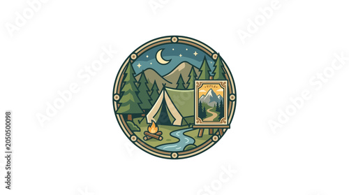 Camping Art: Tent, Campfire, River, Mountains, Night Sky, Painting