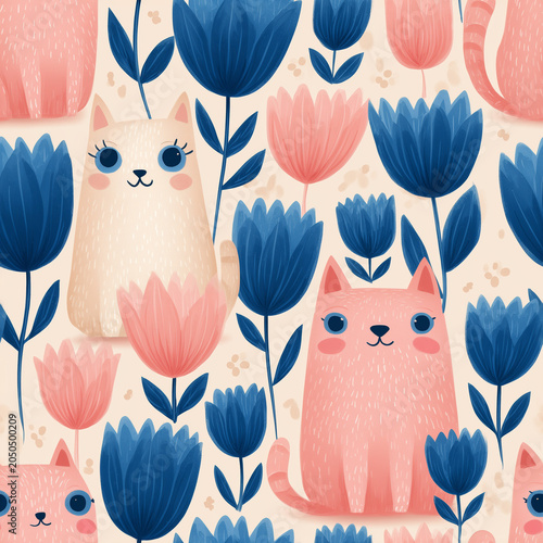 seamless background with flowers and cat