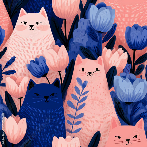 seamless background with flowers and cat