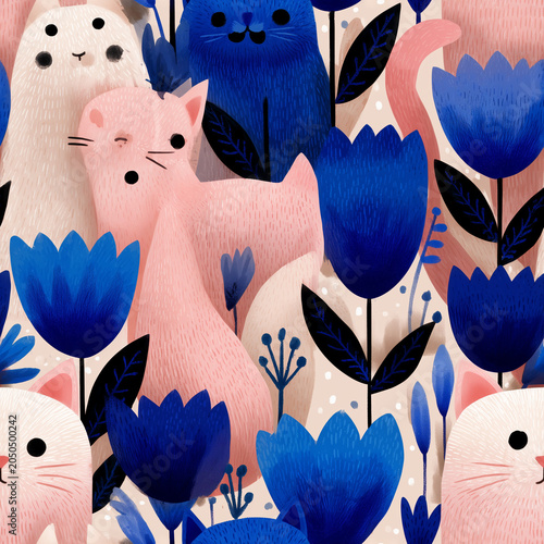 seamless background with flowers and cat