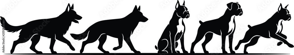 Ταπετσαρία Dog breed silhouette set featuring german shepherd and boxer running standing an