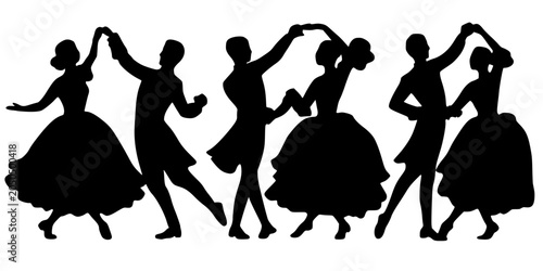 Canvas Print Vector silhouette of three dancing couples in flowing gowns and tailcoats, twirling in elegant ballroom poses