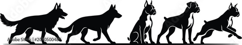 Φωτογραφία Dog breed silhouette set featuring german shepherd and boxer running standing an