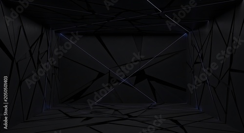 Empty square room with black abstract geometric dark background.