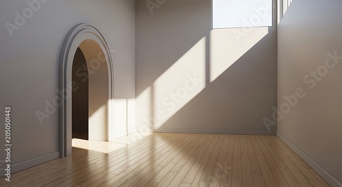 Empty square room with arch entrance. Modern 3d living room, office or gallery with wooden floor, shadows and sun light from window on wall,