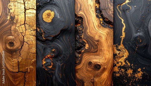 Set of luxury golden wooden templates. Backgrounds with cracked dry wood. Stamp of tree trunk. Wood grain.