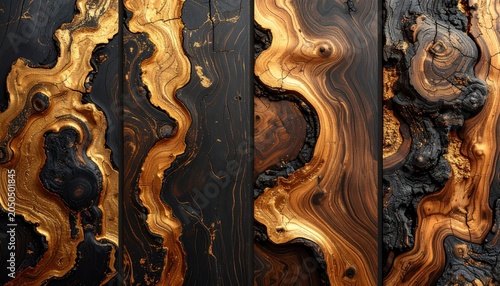 Set of luxury golden wooden templates. Backgrounds with cracked dry wood. Stamp of tree trunk. Wood grain.