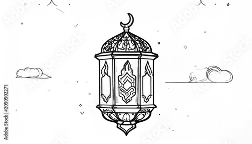 Outlined Vector illustration of Arabic lantern ornament. Suitable for design element of Eid Mubarak greeting template. Eid Mubarak theme background template.