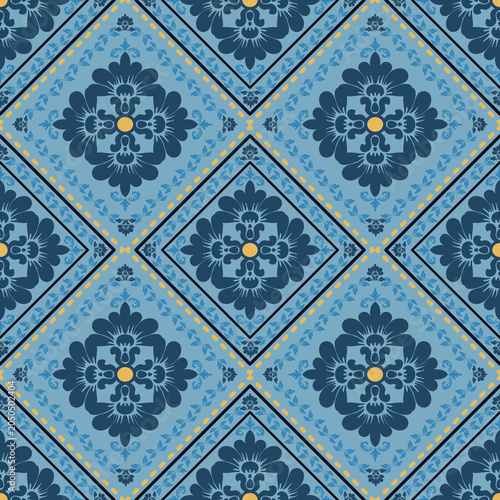 A luxurious traditional damask seamless pattern with floral shapes and delicate lines on navy blue tones. for wallpaper, fabric, or tile flooring.